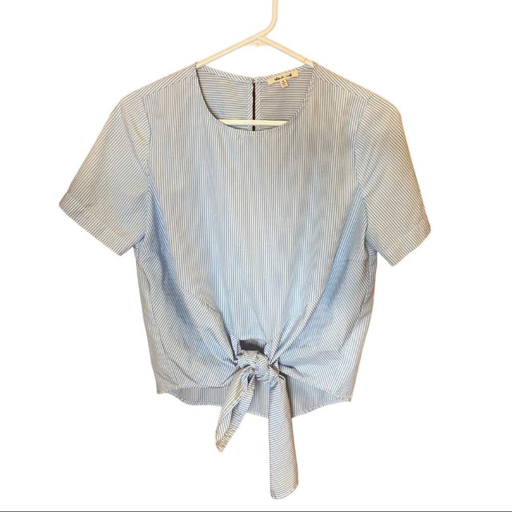 Blue and White Pinstripe Tie Front Blouse